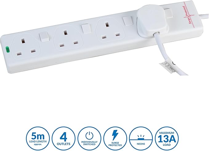 Power Strip 5M UK Multi Socket Surge Protection Extension Lead - Techsavvy Solutions