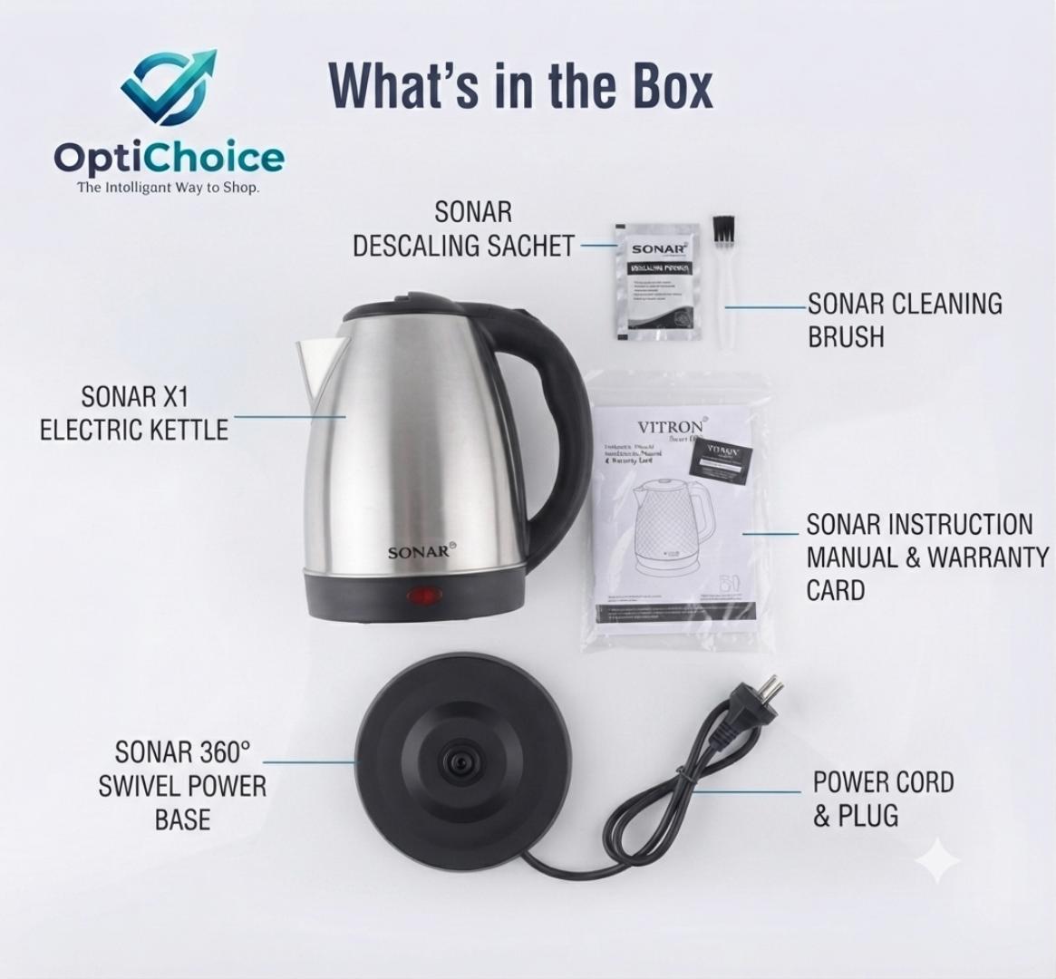 Sonar X1 1.8L Electric Kettle 1500W – Stainless Steel Fast Boil Water Kettle with Auto Shut-Off & 360° Rotational Base