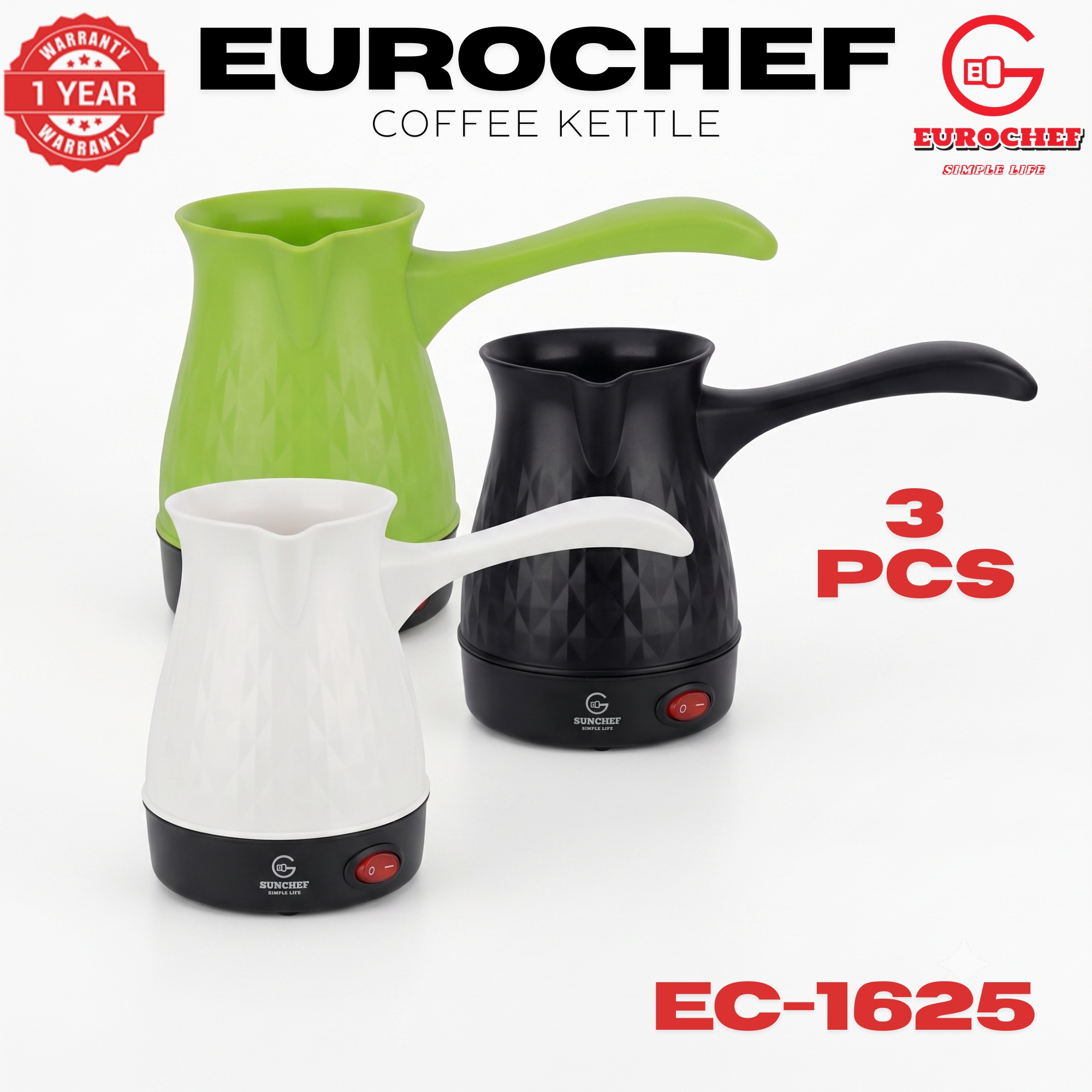 【 3 PIECES 】Eurochef  EC-1625  Electric Turkish Coffee Maker - Cordless Kettle, BPA-Free, 0.5L (500ml), 600W - BLACK WHITE GREEN