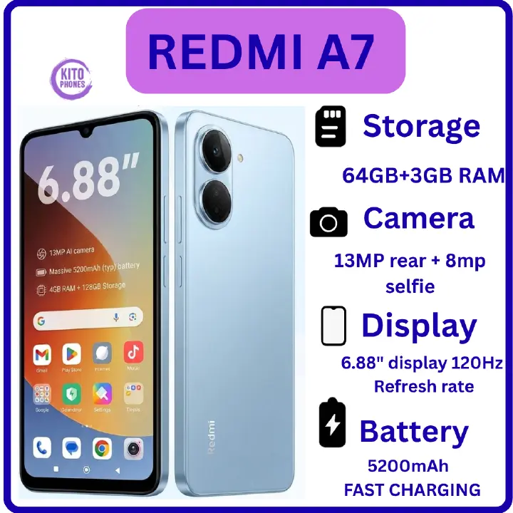REDMI A7, 64GB ROM + 3GB RAM STORAGE, 6.88" SCREEN SIZE 13MP CAMERA 5200mAh BATTERY, ANDROID 16, IPS LCD, 120Hz, Unisoc T7250, SIDE MOUNTED FINGERPRINT SMARTPHONE