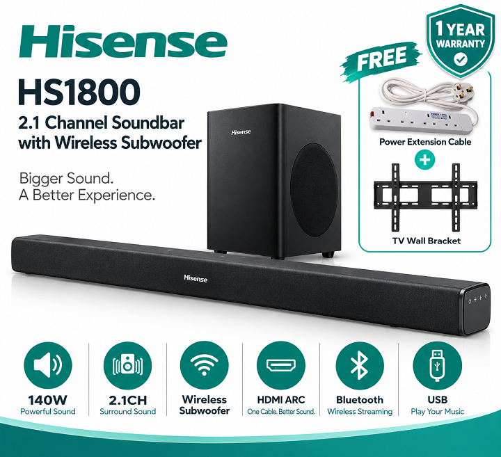 Hisense Sound bar System HS1800 140 Watts 2.1 CH with WIRELESS SUBWOOFER Woofer Bluetooth Speaker Remote HisenseHS1800 Soundbar Hisense 2.1 CHANNEL Audio Soundbar 140W Soundbar+Free Extension+Bracket