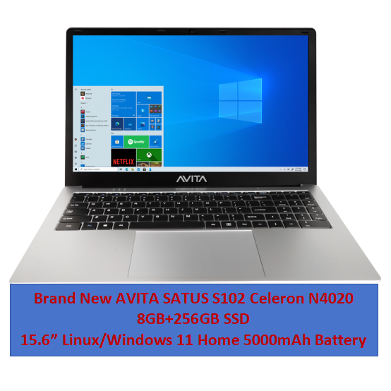 Brand New AVITA SATUS S102 Laptop 8GB+256GB+15.6" SATA 3.0 SSD Storage Intel Celeron N4020 7.4V 5000mAh Battery Linux OS Windows 11 Home on request Bluetooth 5.0