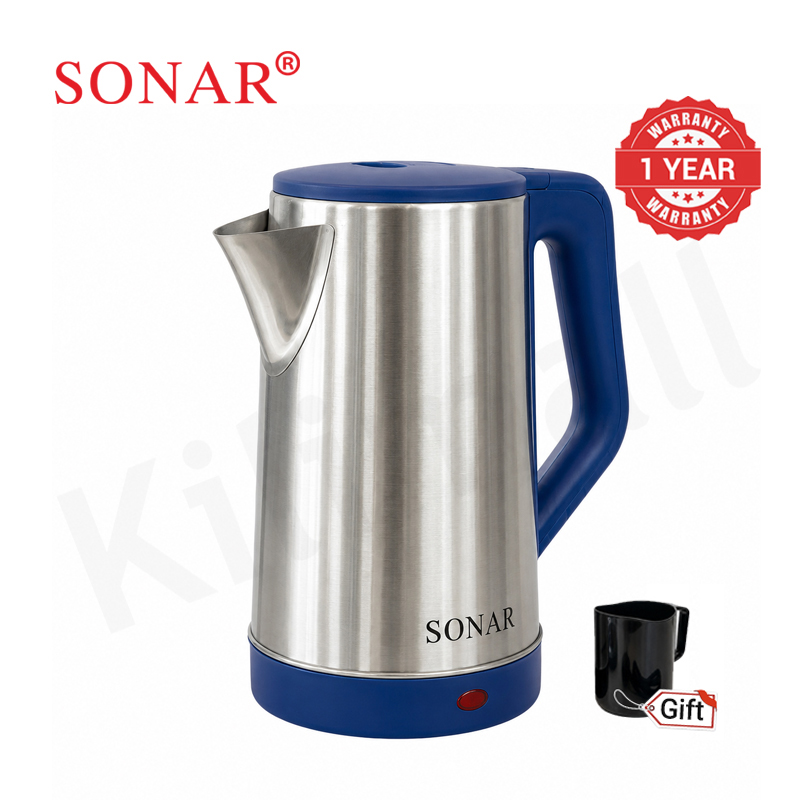 Sonar 2L 1500W Stainless Steel Electric Kettle with 1.25M Fused Power Cord Energy Efficient Heater Jug Cordless Electric Kettle SR-X2