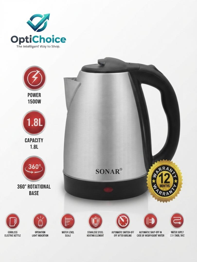 Sonar X1 1.8L Electric Kettle 1500W – Stainless Steel Fast Boil Water Kettle with Auto Shut-Off & 360° Rotational Base