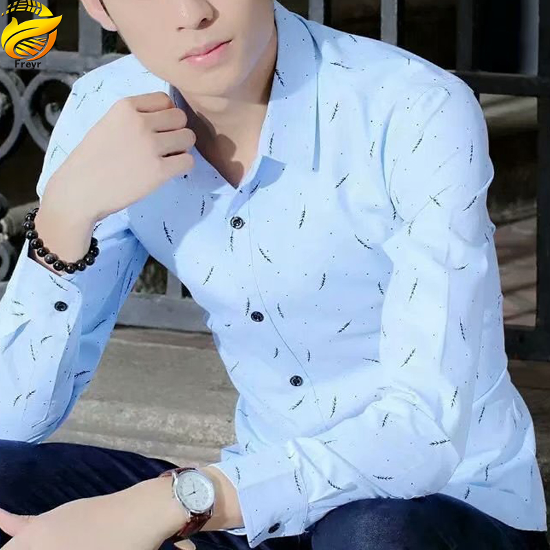Freyr Men’s Clothes Shirts Slim Long Sleeve Shirts business shirt Boys Feather Printed Classic square collar simple shirts Students Clothes