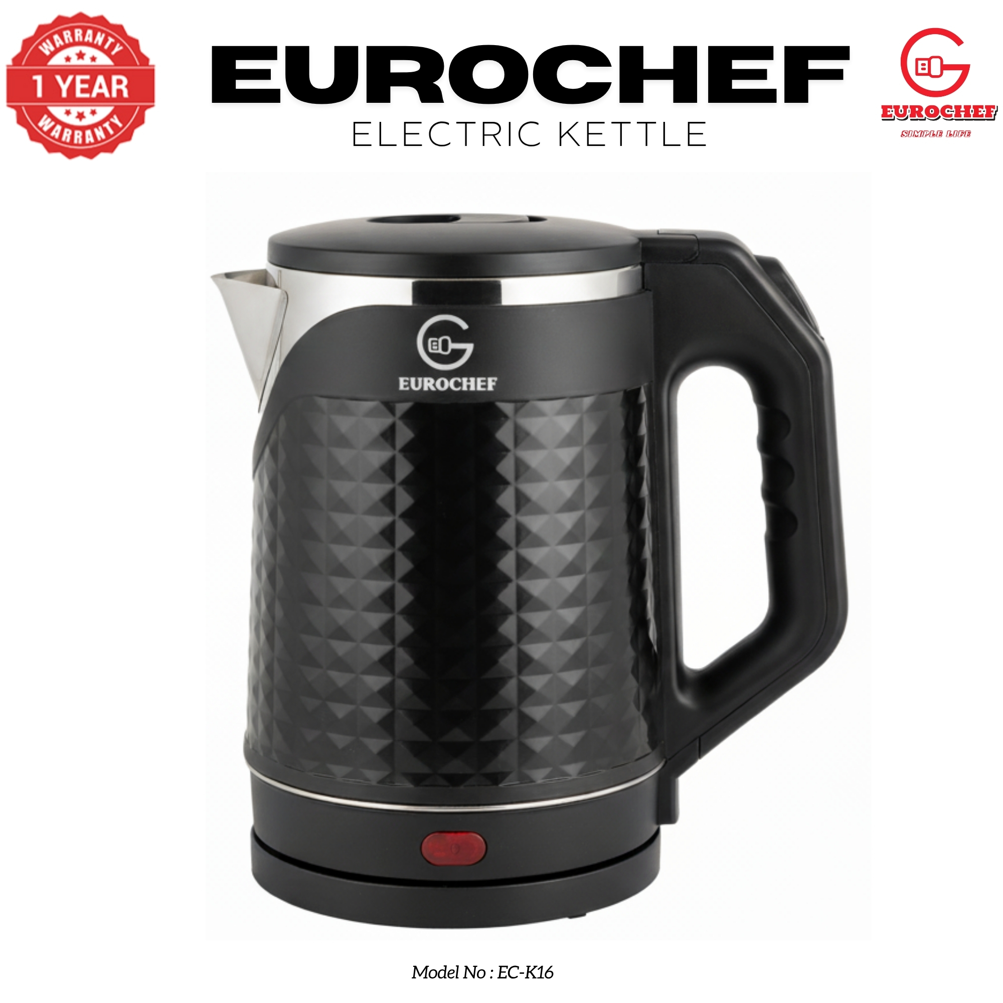 【Limited Offer】 EUROCHEF EC-K16  2 L Stainless steel Electric Cordless Kettle Electric Jug for boiling water Kitchen Appliaance
