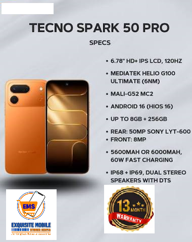 TECNO SPARK 50 256GB+8GB 6.78" 120Hz Phone Dynamic Port 50MP Dual Speaker 6000mAh 18W Type-C Dual SIM 4G Side Fingerprint Smart AI Phones 13 Months Warranty.