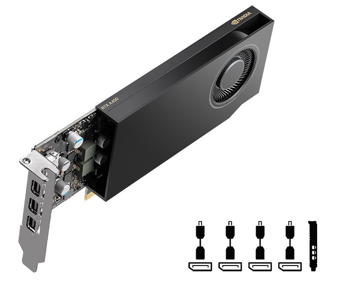 PNY RTX A400 4GB GDDR6 Graphics Card Display Outputs 4 x Mini DisplayPort 1.4a Recommended Power Supply 250W - Dukatech