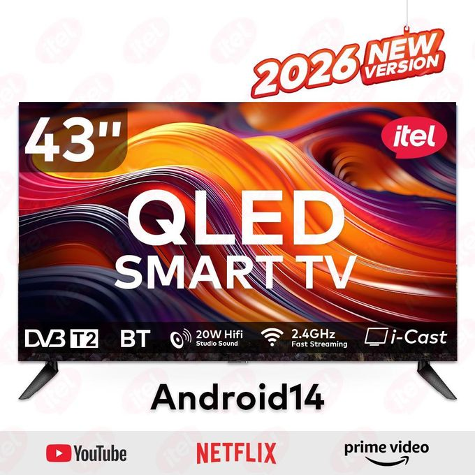 Itel 43 Inch QLED Smart TV Full HD, WiFi, Bluetooth, Frameless Display, Netflix, YouTube, Prime Video, Built-in Decoder, HDR Picture Quality, Energy Saving Television ANDROID 16 SMART TV