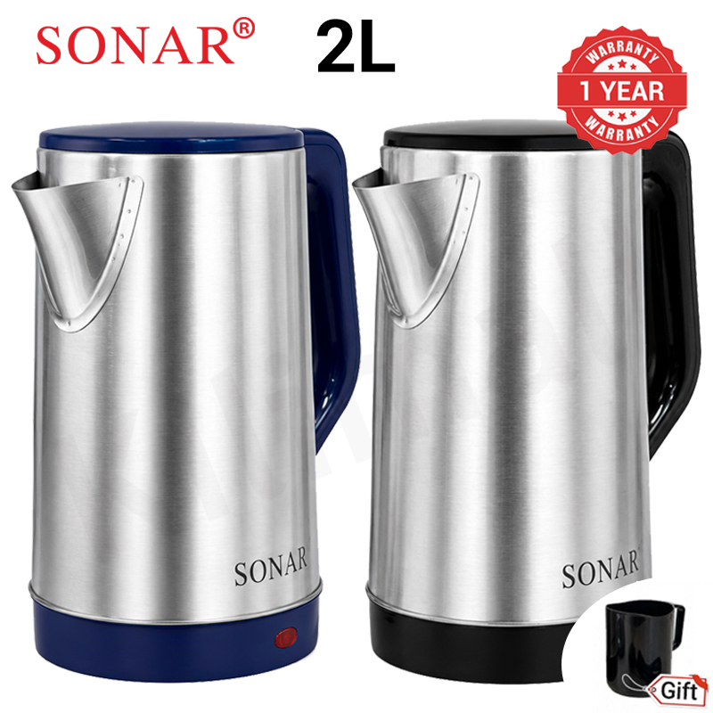 Sonar 2L 1500W Stainless Steel Electric Kettle with 1.25M Fused Power Cord Energy Efficient Heater Jug Cordless Electric Kettle SR-X2