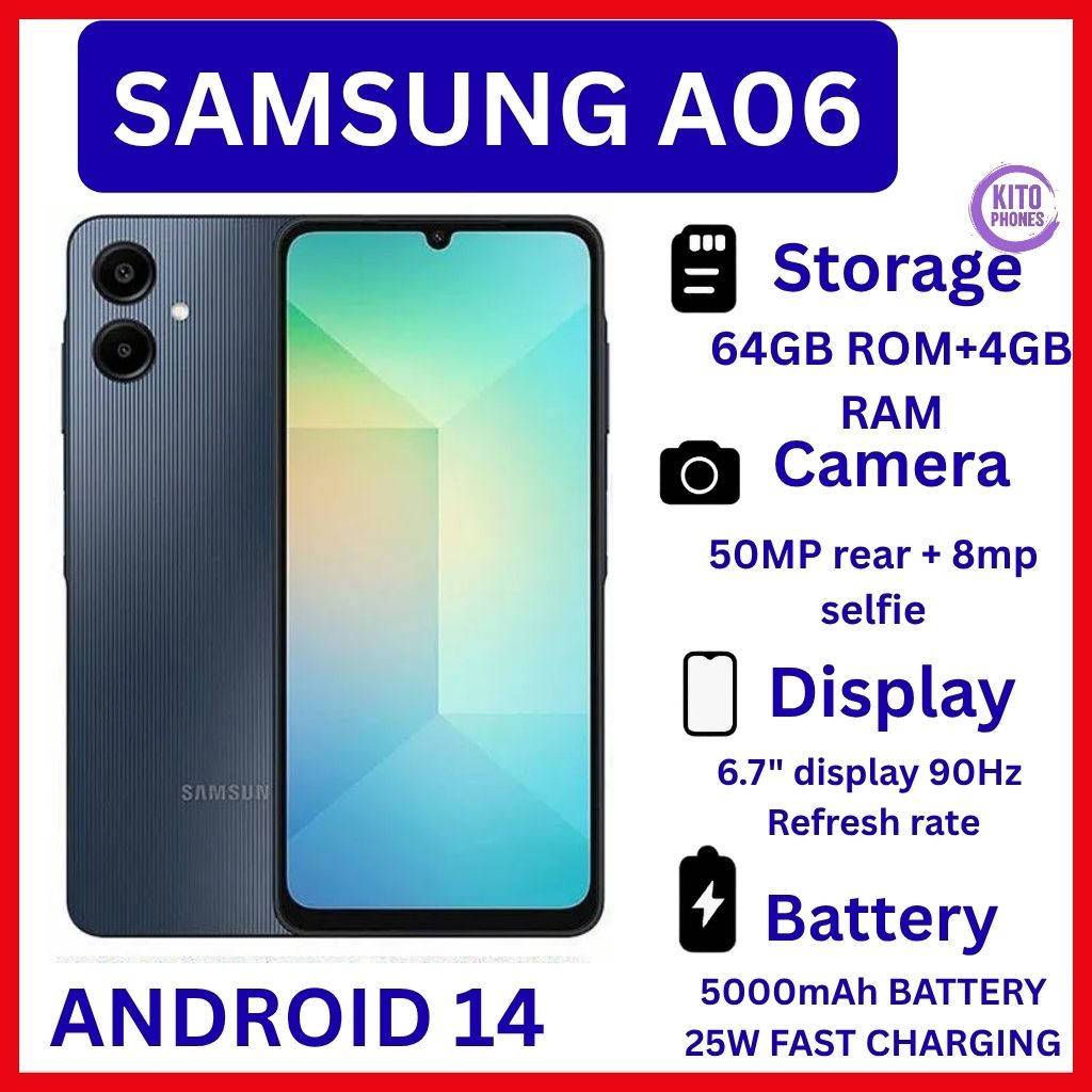 [New Arrival] Samsung Galaxy A06 64GB +4GB RAM 50MP Camera +8MP 6.7" 90Hz MTK Helio G85 (12nm) 5000mAh BATTERY 25W Type-C Charge Android 14 Smart Phones Side Fingerprint Unlock SMARTPHONE+FREE GIFTS