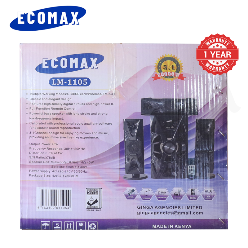 ECOMAX 3.1CH X-Base LM-1105 Woofer HI-FI BT Speaker Systems AC/DC Subwoofer Home Audio System 20000W with Remote Control Bluetooth FM USB SD