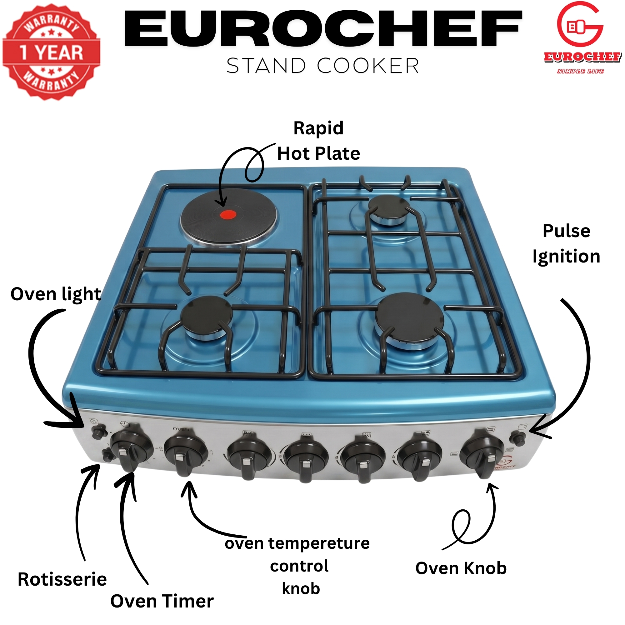 【LIMITED OFFER】 EUROCHEF 60X65 EGT65-3G1E-E Home Improvement 67l  Free Standing Gas Cooker  3 Gas +1 Hotplate Kitchen Appliance With Electric Oven