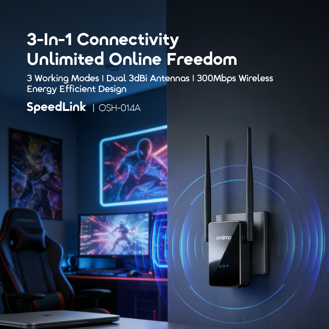 Oraimo SpeedLink OSH-014A 3-In-1 WiFi Repeater Access Point Router with 300Mbps and Dual Antennas