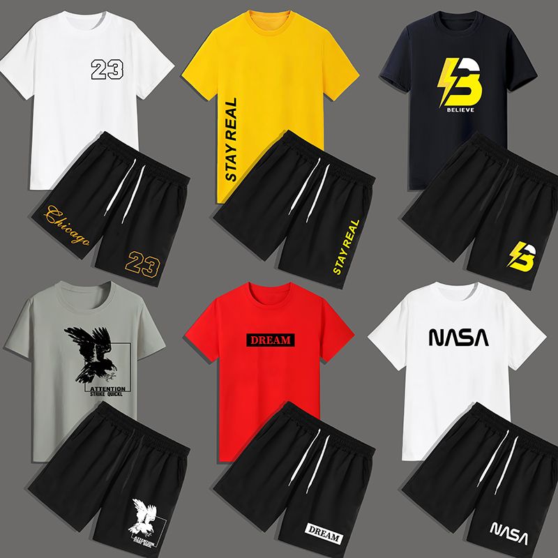 Man clothes  Men's clothing - Summer - Short-sleeved T-shirt - Printed - New style  T-shirt+short  Short-sleeved men's T-shirt【T-shirt+short 】 Short-sleeved men's T-shirt 1202