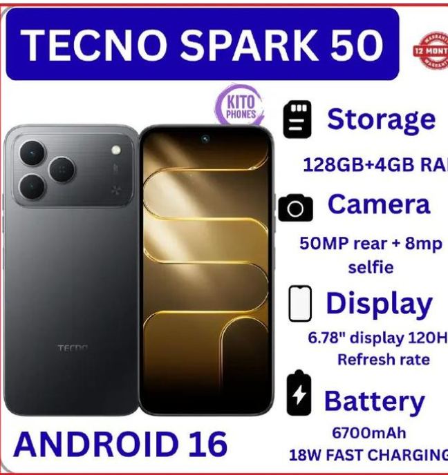 Tecno SPARK 50 4G 256GB ROM+ 4GB RAM 6.78" SCREEN 120Hz Refresh Rate 6700mAh Battery 50MP CAMERA ANDROID 16 seamless performance and long-lasting power