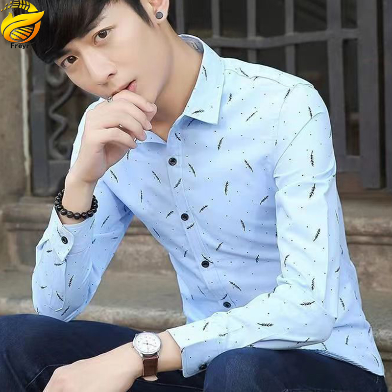 Freyr Men’s Clothes Shirts Slim Long Sleeve Shirts business shirt Boys Feather Printed Classic square collar simple shirts Students Clothes