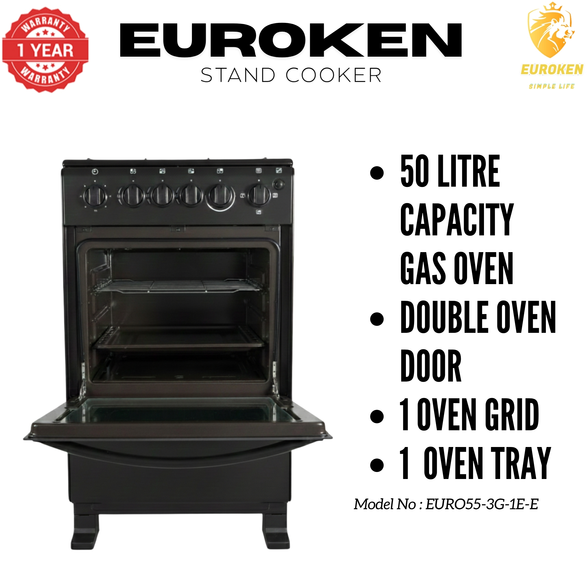 【LIMITED OFFER】 Euroken Euro55-3G1E-E  50L Home Improvement   Free Standing  Gas Cooker 3 GAS +1 Hot plate Kitchen Appliance with electric oven - 50X55CM