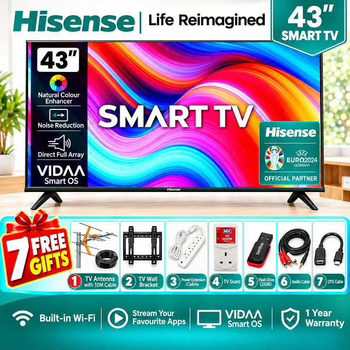 HISENSE 43" INCH SMART TV SMART DIGITAL TELEVISION FULL HD RESOLUTION 43A4 SERIES NETFLIX YOUTUBE TV DTS INBUILT DECODER WIFI VIDAA OS NATURAL COLOR ENHANCER HISENSE43 TV Hisense TV+ 7 FREE GIFTS