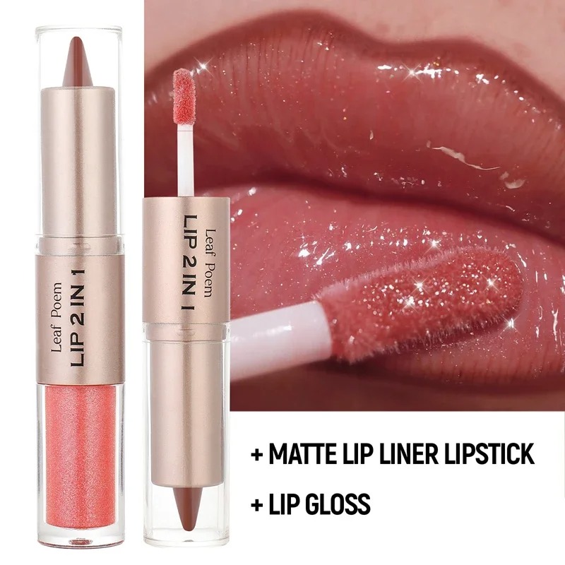2 in1 Tapered Gradient Mirror Lip Gloss Matte Lip Liner Waterproof Lip Contour Non-Stick Makeup