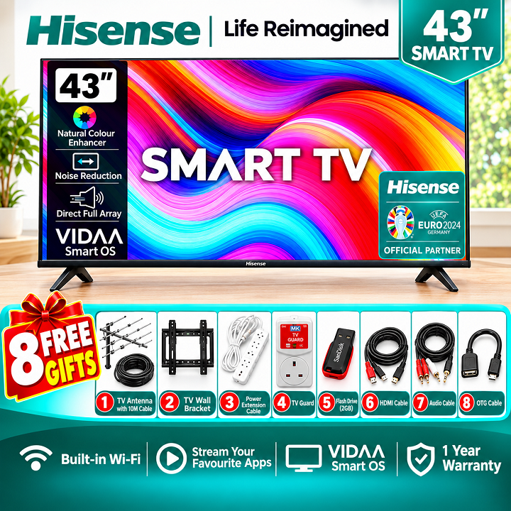 HISENSE 43 INCH SMART TV FULL HD TV RESOLUTION NETFLIX YOUTUBE TV 43A4 SERIES FRAMELESS TELEVISION TV DTS Audio INBUILT DECODER BUILT-IN WIFI ENABLED VIDAA OS HISENSE43 HISENSE TV plus 8 FREE GIFTS