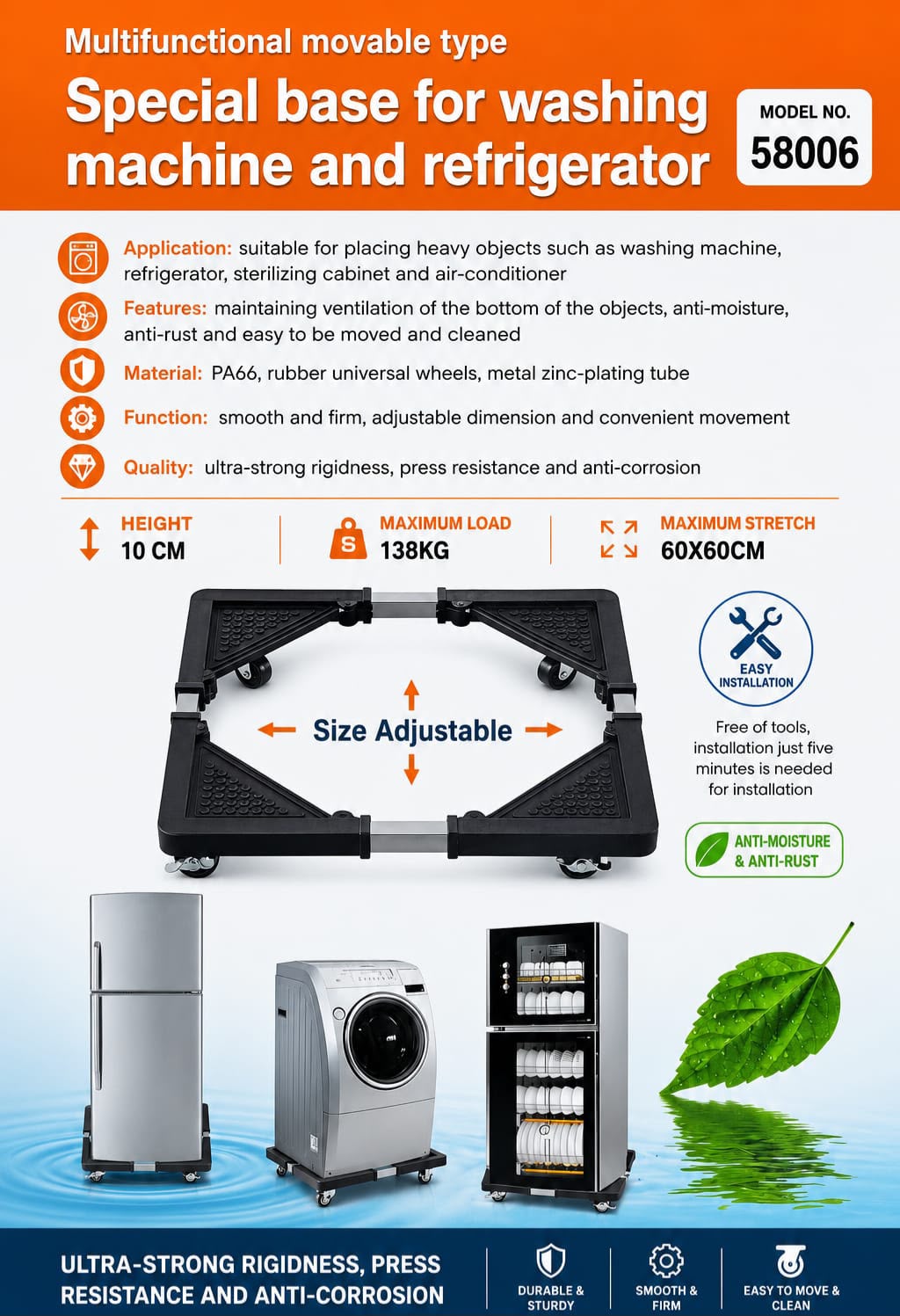 Multifunctional Adjustable Movable Base Dolly for Washing Machine & Refrigerator - Model 58006 Heavy-Duty Stand Cart with Universal Wheels for Fridge, Dryer & Home Appliances
