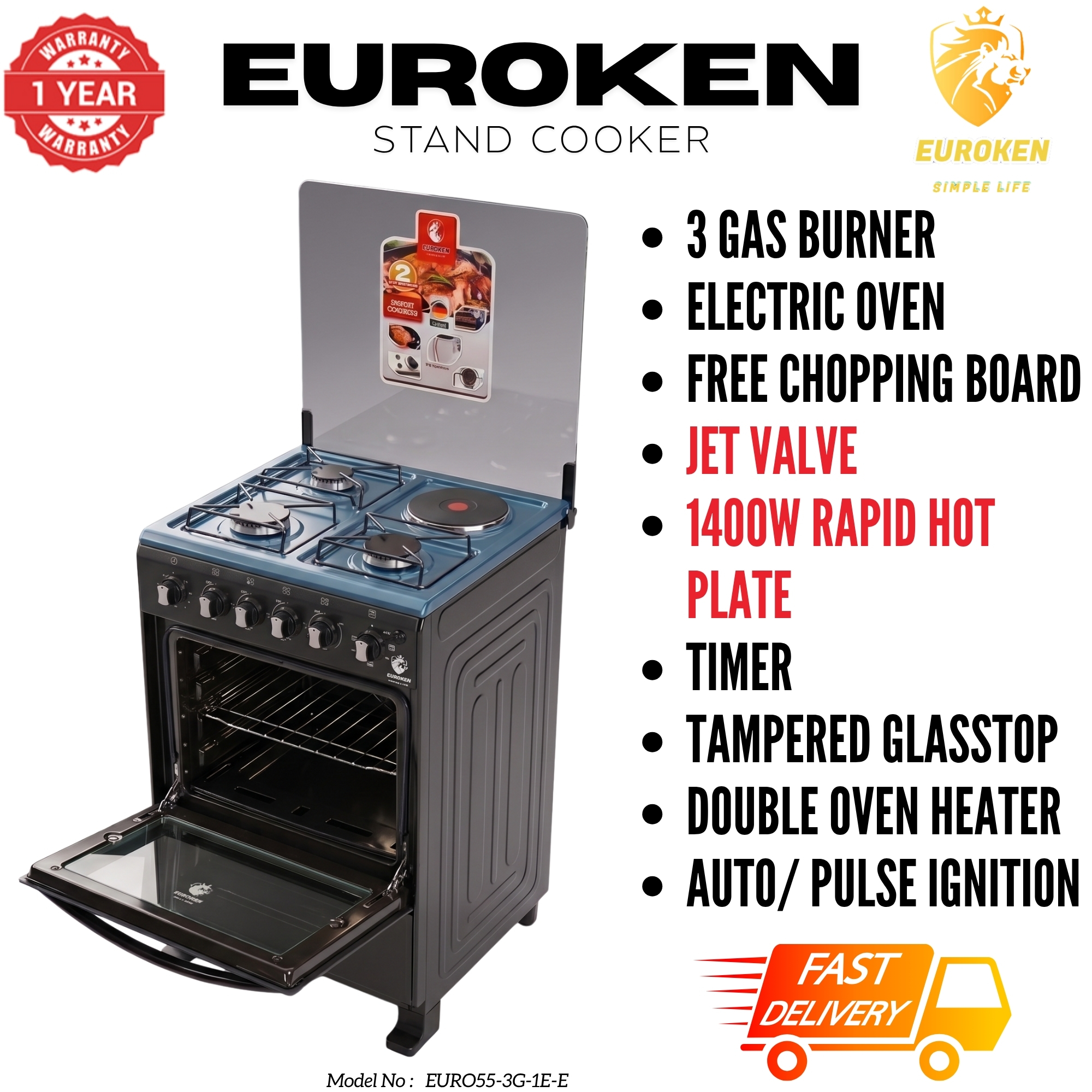 【LIMITED OFFER】 Euroken Euro55-3G1E-E  50L Home Improvement   Free Standing  Gas Cooker 3 GAS +1 Hot plate Kitchen Appliance with electric oven - 50X55CM