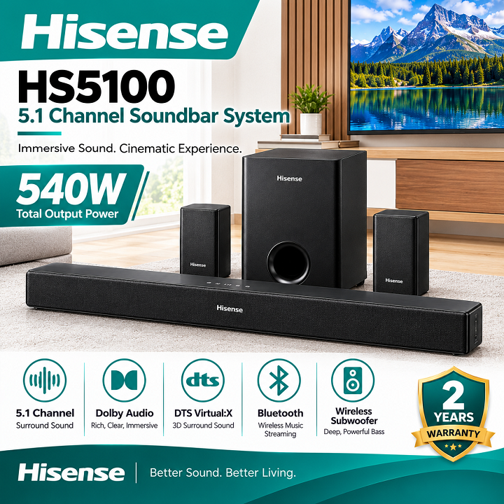 Hisense Soundbar 540 Watts 5.1 Channel HS5100 Sound bar Music system Dolby Audio DTS Virtual X, Bluetooth WIRELESS SUBWOOFER Speaker HisenseHS5100 Soundbar Music System Hisense3.1CH Audio Sound System