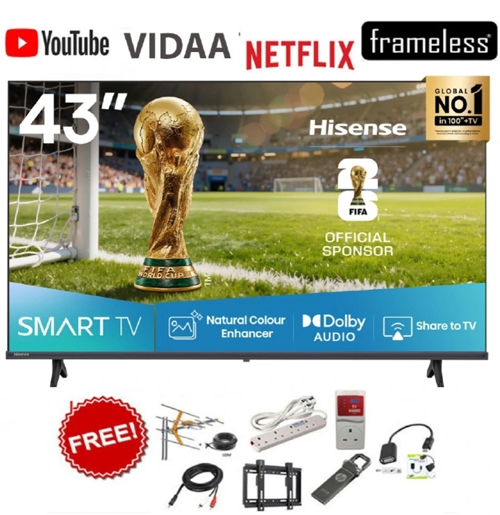 HISENSE 43" INCH SMART TV FRAMELESS SMART DIGITAL TELEVISION FULL HD RESOLUTION 43A4 SERIES NETFLIX YOUTUBE TV DTS INBUILT DECODER BUILT-IN WIFI VIDAA OS NATURAL COLOR ENHANCER HISENSETV+ 7 FREE GIFTS