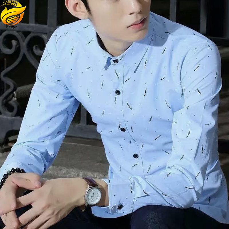 Freyr Men’s Clothes Shirts Slim Long Sleeve Shirts business shirt Boys Feather Printed Classic square collar simple shirts Students Clothes