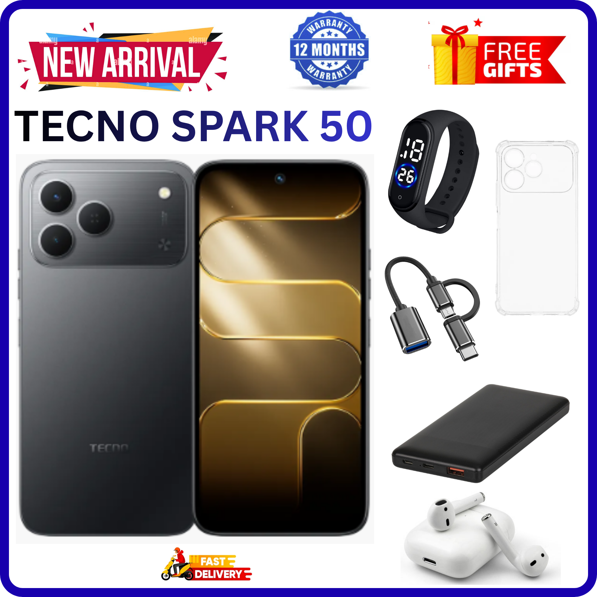 NEW ARRIVALS!!!! BRAND NEW TECNO SPARK 50 4G SMARTPHONE 128GB ROM+ 4GB RAM 6.78" INCH SCREEN 120Hz REFRESH RATE 6700mAh Battery 18W FAST CHARGING, 50MP CAMERA