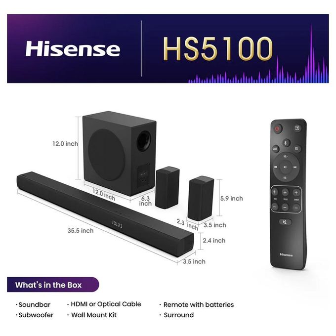 Hisense Soundbar 540 Watts 5.1 Channel HS5100 Sound bar Music system Dolby Audio DTS Virtual X, Bluetooth WIRELESS SUBWOOFER Speaker HisenseHS5100 Soundbar Music System Hisense3.1CH + TV Guard+Bracket