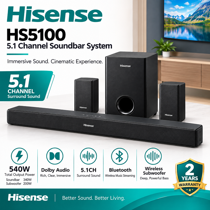 Hisense Soundbar 540 Watts 5.1 Channel HS5100 Sound bar Music system Dolby Audio DTS Virtual X, Bluetooth WIRELESS SUBWOOFER Speaker HisenseHS5100 Soundbar Music System Hisense3.1CH + TV Guard+Bracket
