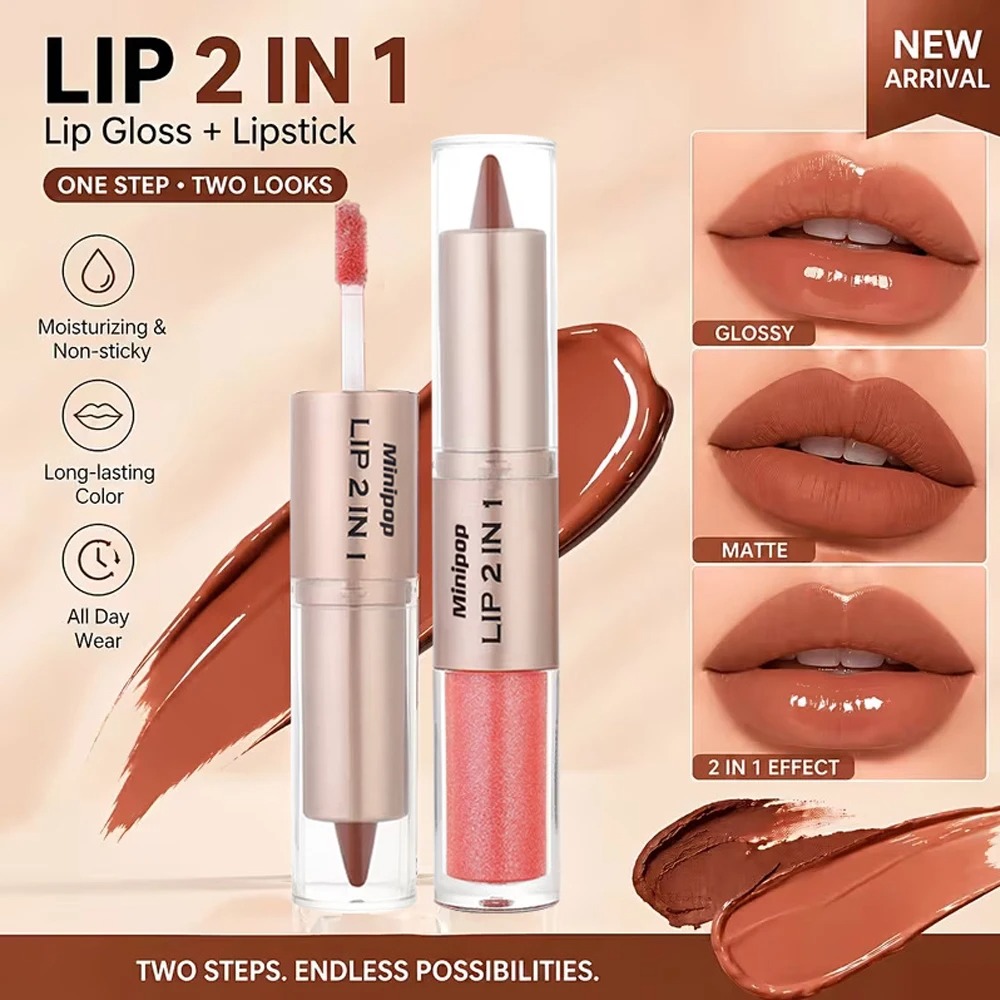 2 in1 Tapered Gradient Mirror Lip Gloss Matte Lip Liner Waterproof Lip Contour Non-Stick Makeup