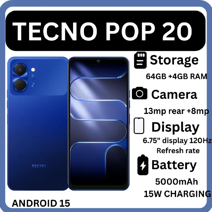 TECNO POP 20 128GB + 8(4+4)GB  64GB+4GB 4G Network 6.75" 120Hz Hole Screen Dual Speakers IP64 Waterproof 13MP 5000mAh 15W Type-C Android 15 Dual SIM Phone Side Fingerprint Unlock phones