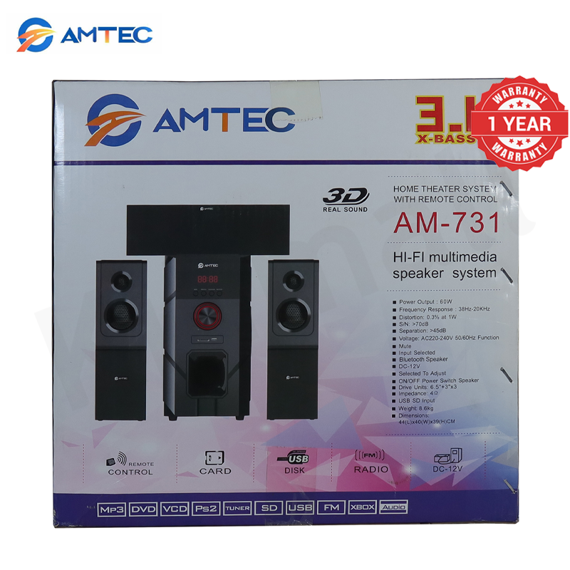 Amtec AM-731 3.1CH Sub Woofer Bluetooth Home Theater Speaker System 60W RMS 20000W PMPO AC/DC Dual Power,Bluetooth FM USB SD AUX