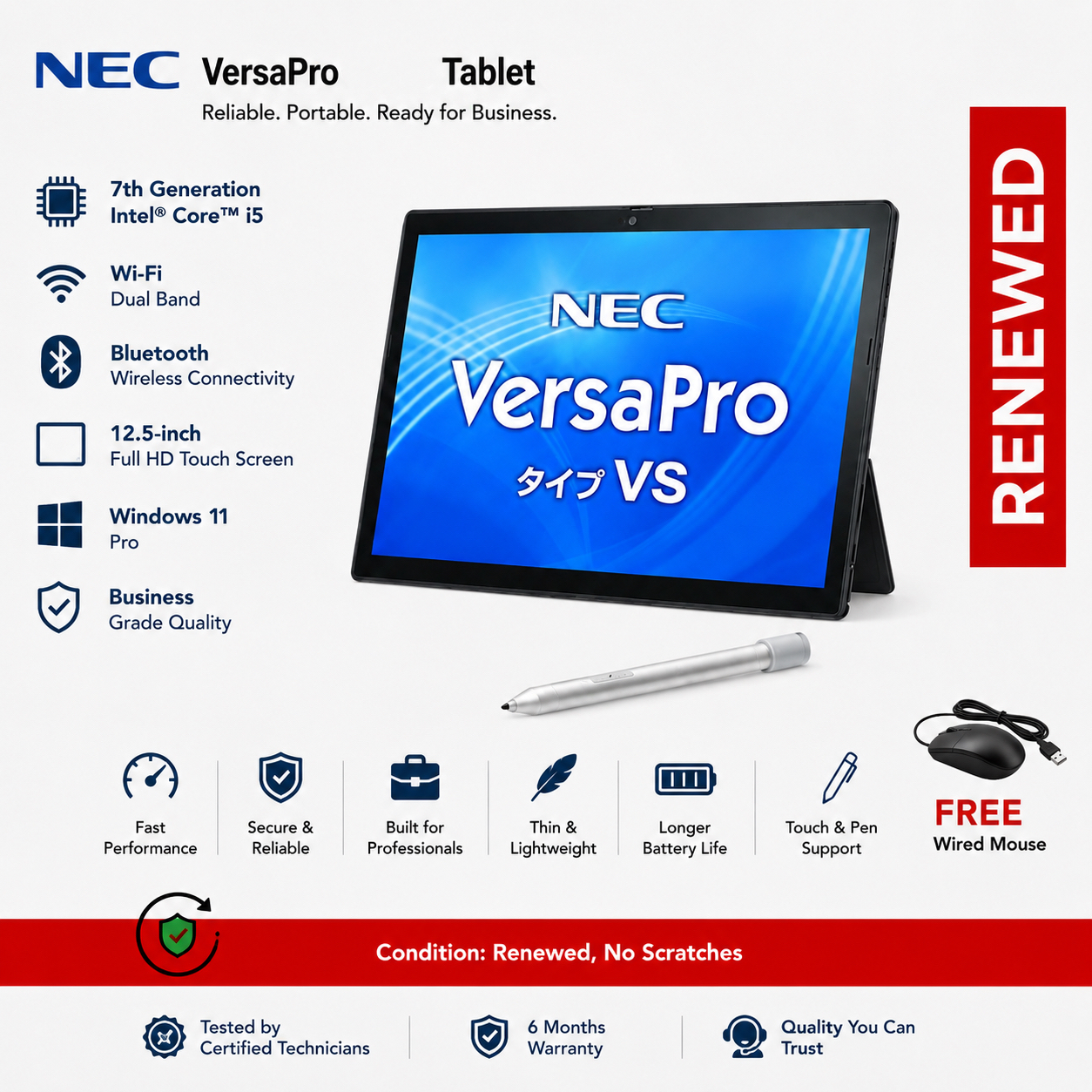 Refurbished Laptops Nec VersaPro Tablet 7th Generation Core i5 Wi-fi Bluetooth 12.5-inch Full HD Touch screen with Office USB 3.0 4GB RAM/128GB SSD Windows 11
