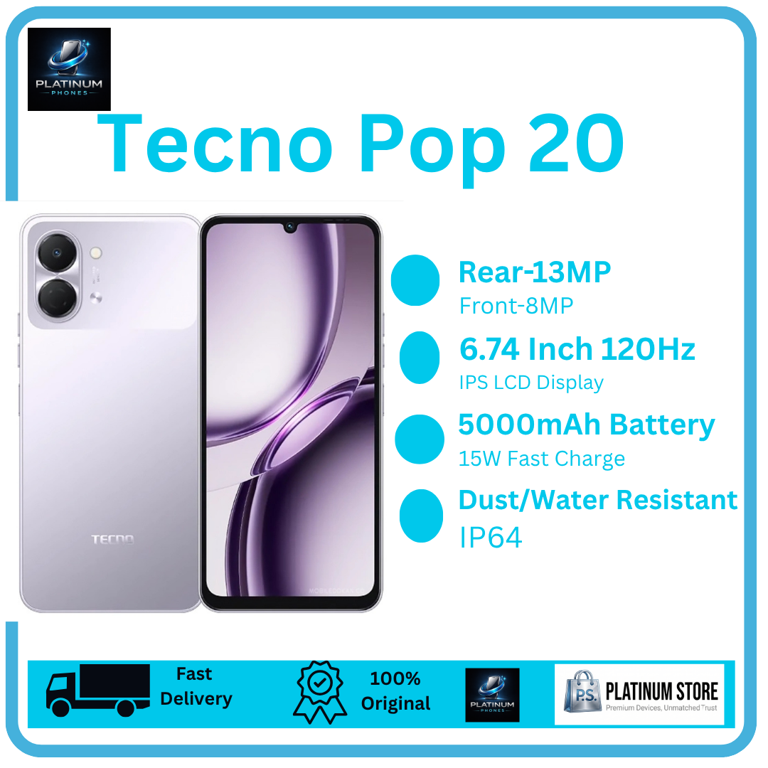 [FREE GIFTS🎁🎁] TECNO Pop 20 128/64GB+8(4+4)GB 6.74" IPS LCD 120Hz Display 13MP Rear Camera 5000mAh Battery 15W Fast Charging IP64 Dual SIM Fingerprint Unlock Smart AI Smartphone